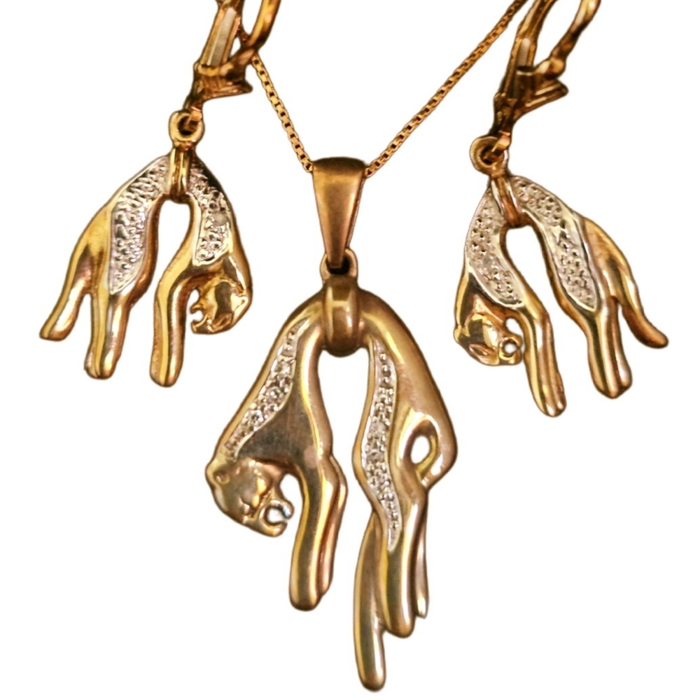 RARE Vintage 14k Gold Box Chain Diamond Panther Necklace & Earrings Set